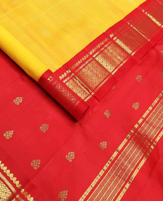 Yellow zari buttas kanchipuram silk saree, contrast korvai one-sided zari border of salngai & jaal & zari design pallu