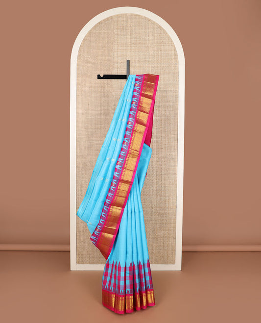 Blue zari buttas Kanchipuram silk saree, contrast thazampoo rekku border of mayil & jaal design & zari design pallu