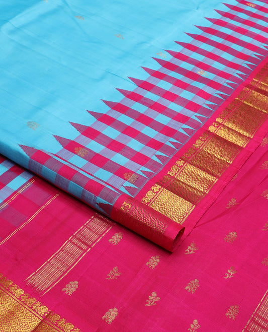 Blue zari buttas Kanchipuram silk saree, contrast thazampoo rekku border of mayil & jaal design & zari design pallu