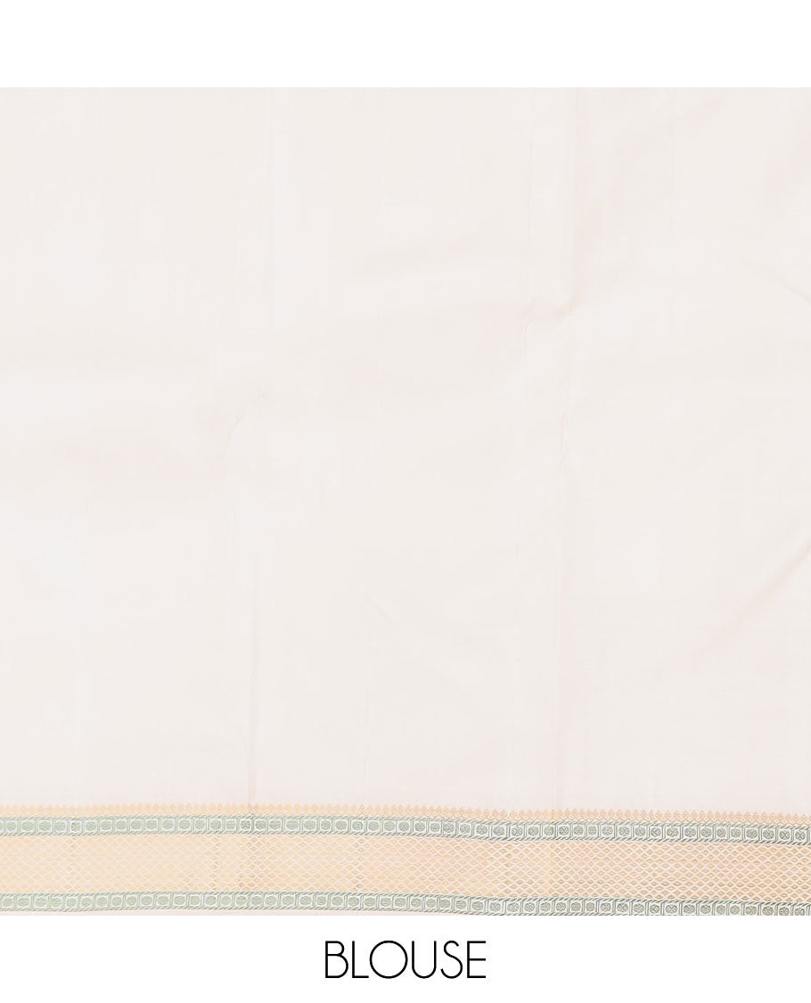 Cream malli mokku Kanchipuram silk saree, self-border of thilakam mokku, rudraksham, and mayil kann, and pallu of thilakam mokku, chakram, seppu rekku, and geometric patterns