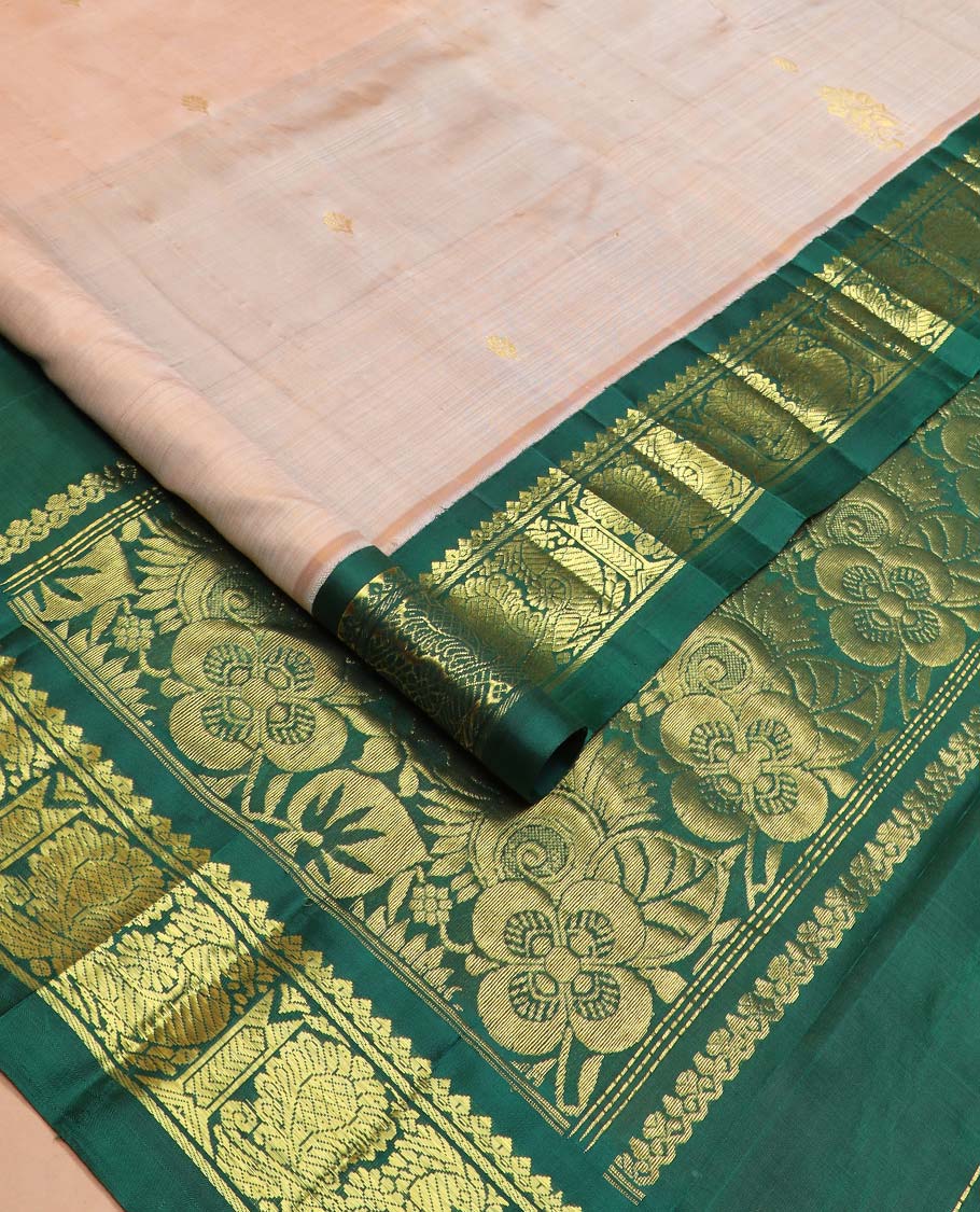 Sandal zari buttas Kanchipuram silk saree, contrast one-sided korvai border of thilakam mokku, and mayil designs, and floral design pallu