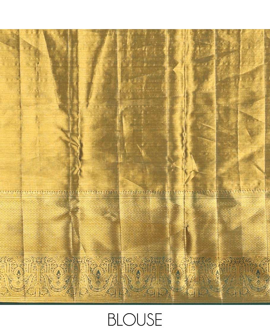 Green floral jacquard kancheepuram silk saree with contrast border of thilakam mokku, muthu, kathir, kuyil kann design & zari design pallu