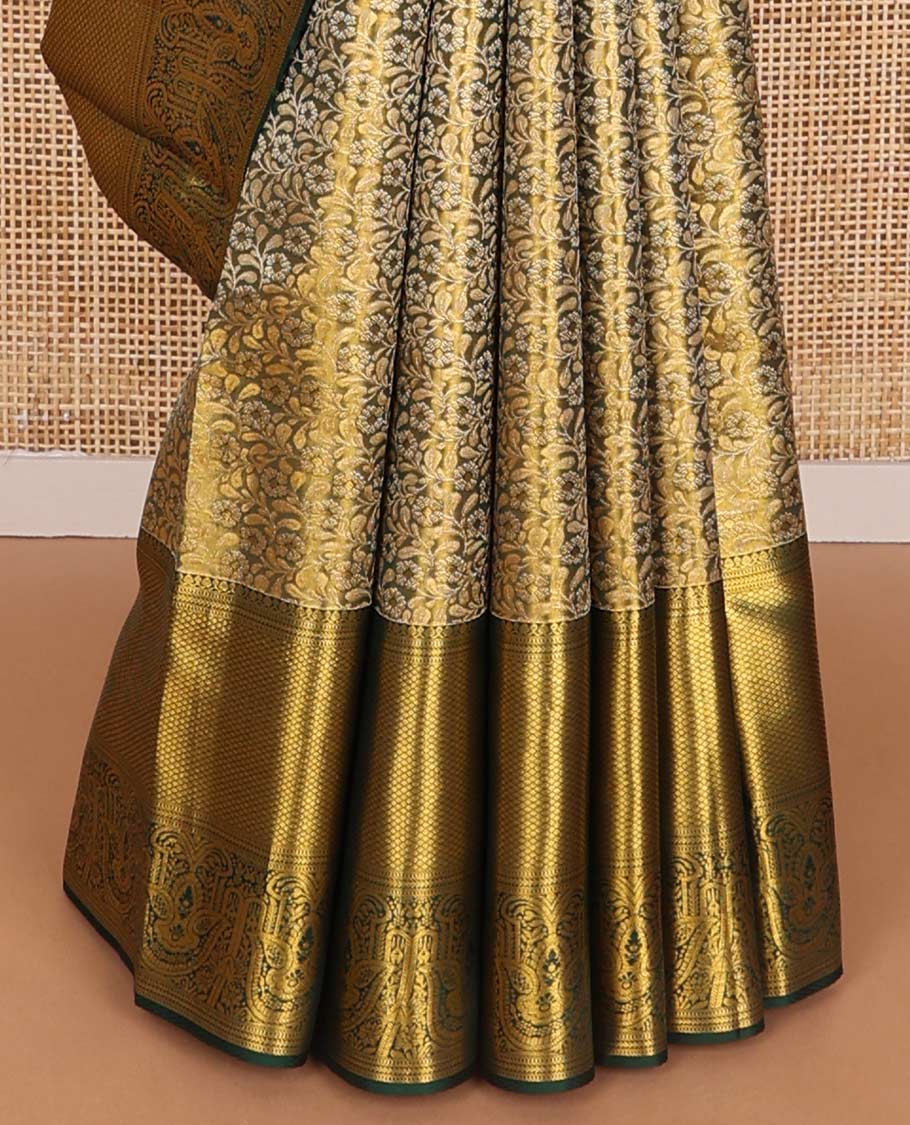 Green floral jacquard kancheepuram silk saree with contrast border of thilakam mokku, muthu, kathir, kuyil kann design & zari design pallu