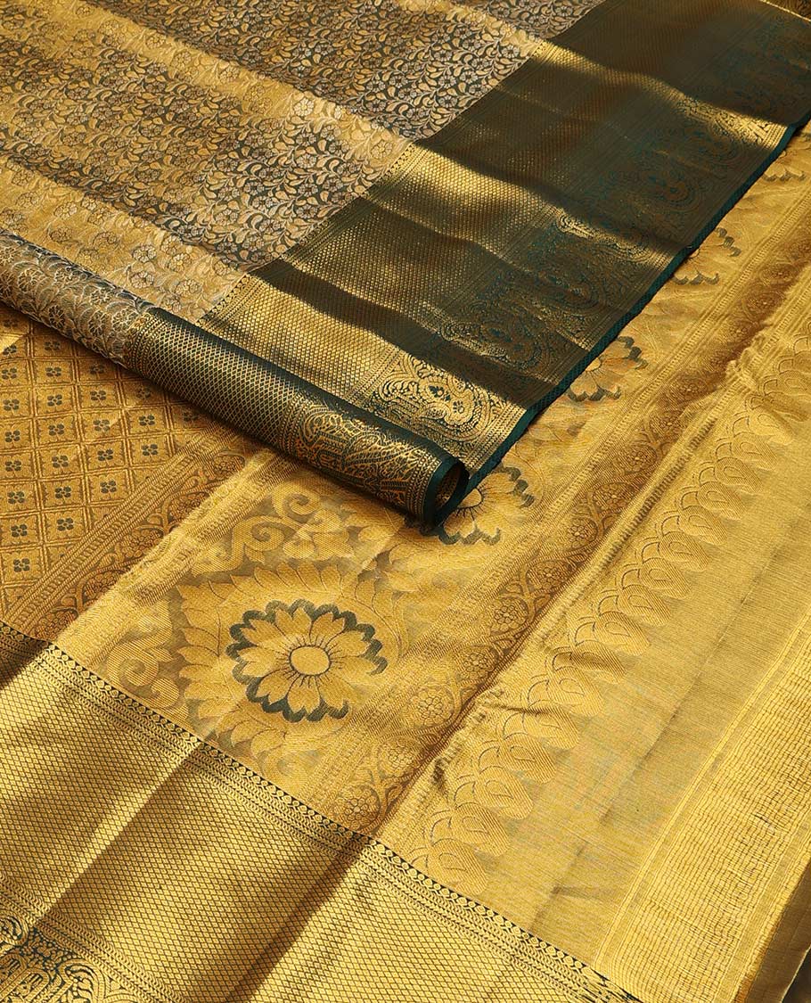 Green floral jacquard kancheepuram silk saree with contrast border of thilakam mokku, muthu, kathir, kuyil kann design & zari design pallu