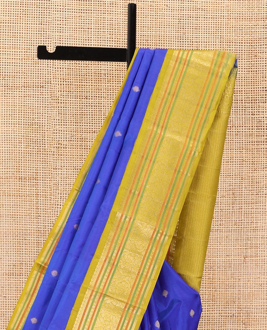 Blue zari buttas silk saree, contrast border of muthu,mayil kann,poun,kathir & floral design & neli striped pallu
