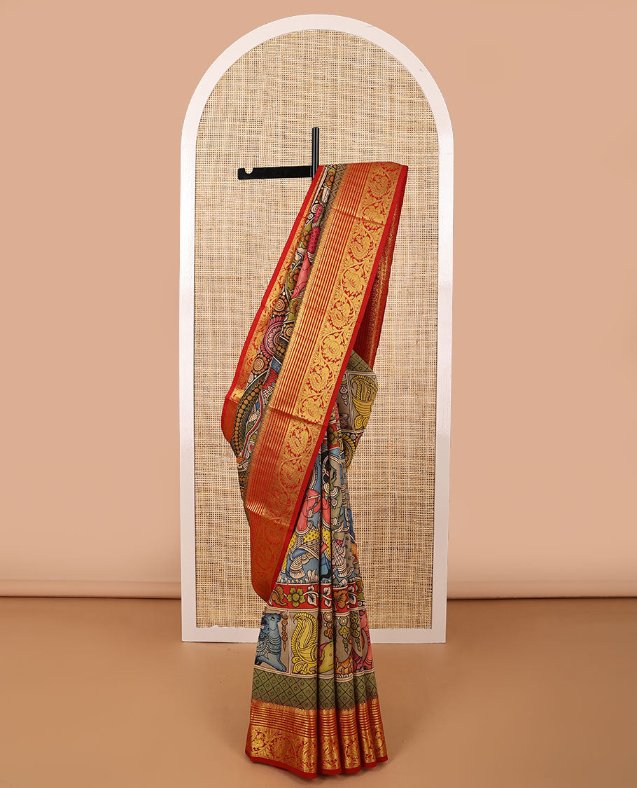 Sandal pichwai theme design kalamkari silk saree with contrast intricate zari design border & floral jaal design pallu