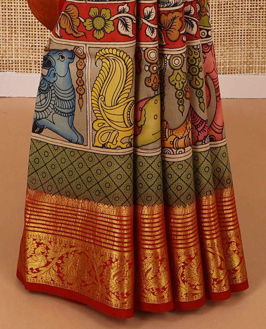 Sandal pichwai theme design kalamkari silk saree with contrast intricate zari design border & floral jaal design pallu