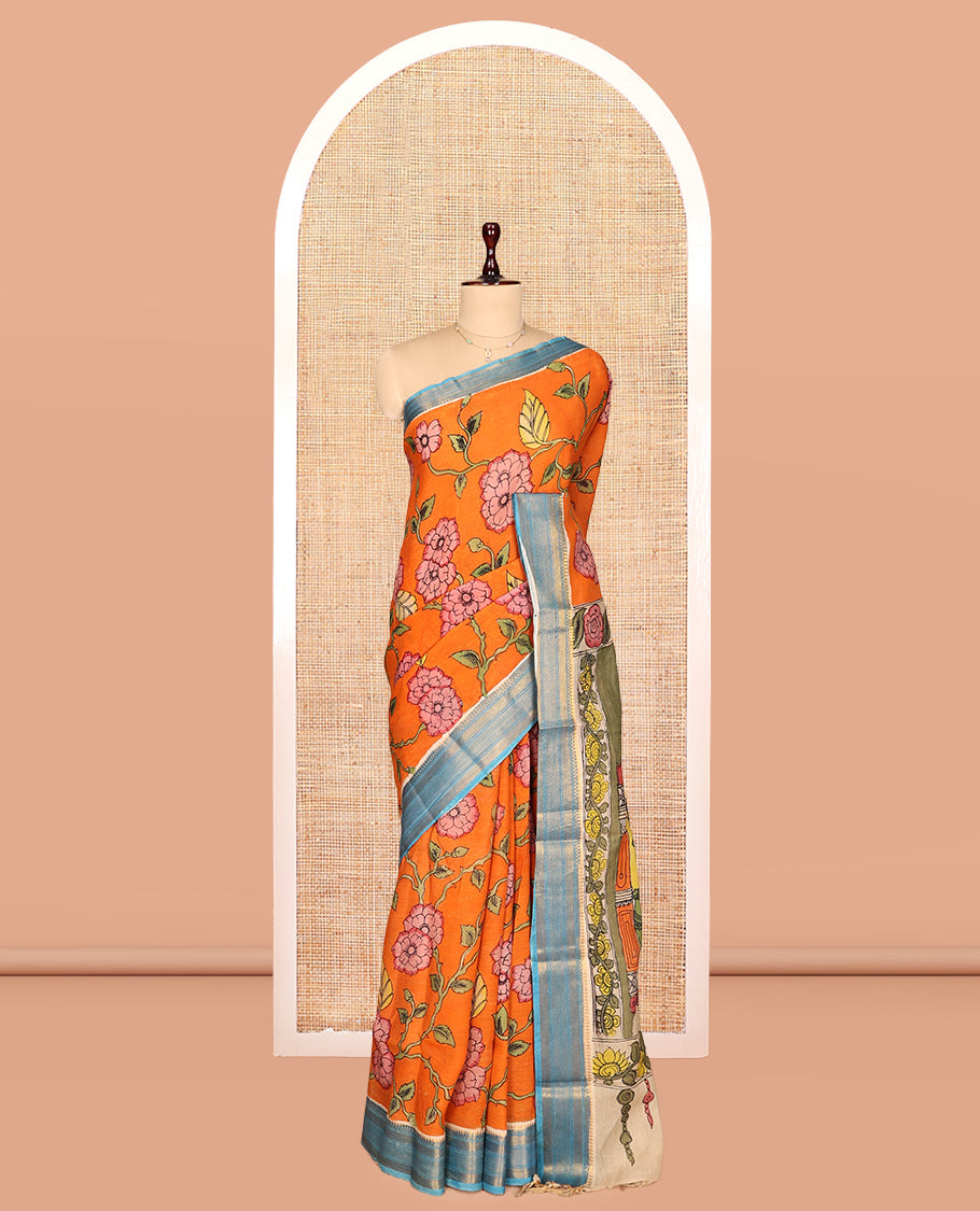 Orange Kalamkari Silk Saree, Styled with Floral Vine Print, a Contrast Traditional Zari Border, Human Motifs Pallu, and a Contrast Blouse