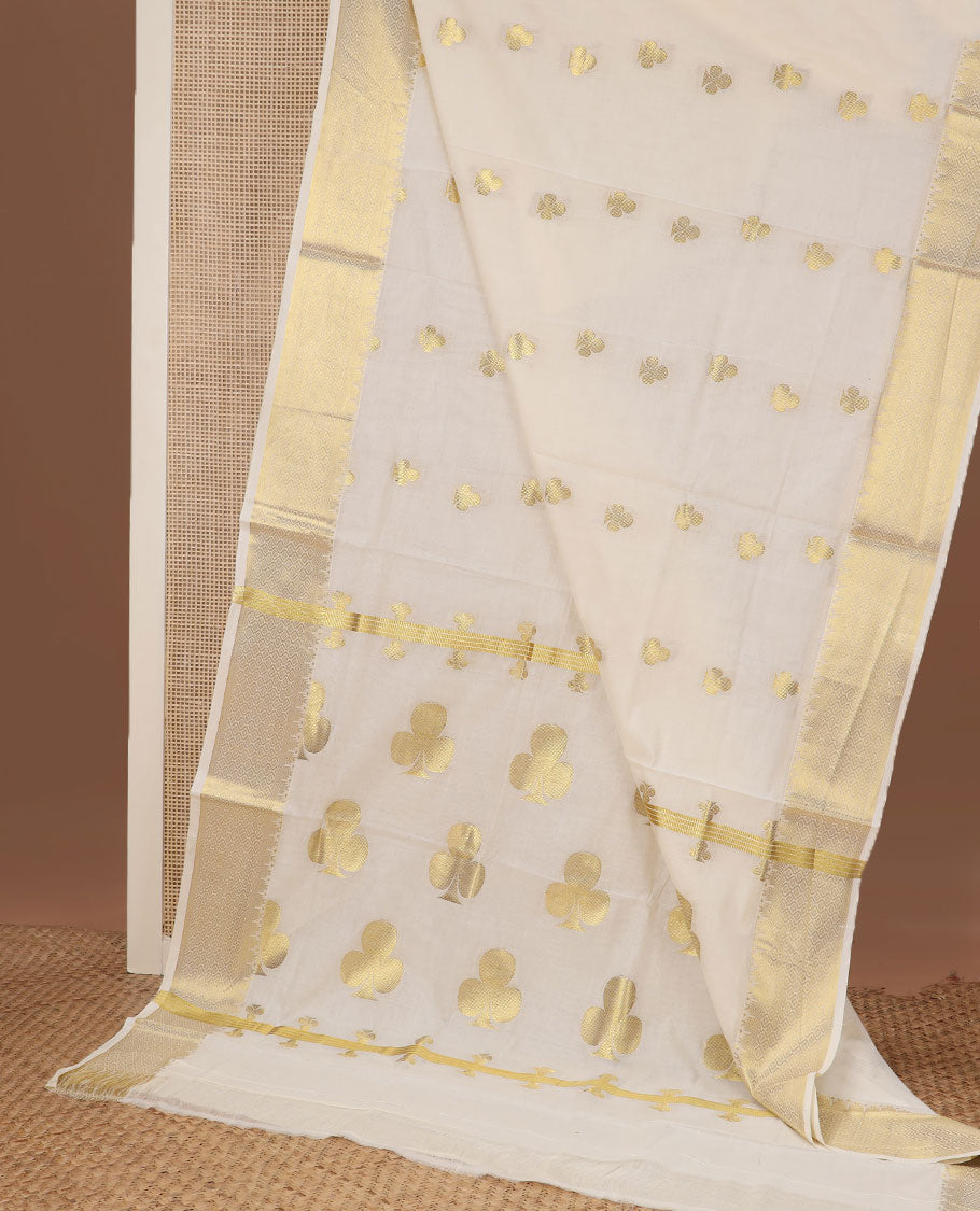 Cream club motifs zari woven Kerala saree, traditional zari border, and pallu steeped with clubs