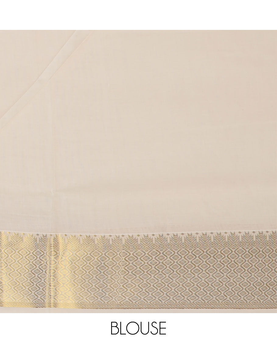 Cream club motifs zari woven Kerala saree, traditional zari border, and pallu steeped with clubs
