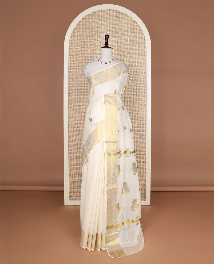 Cream club motifs zari woven Kerala saree, traditional zari border, and pallu steeped with clubs