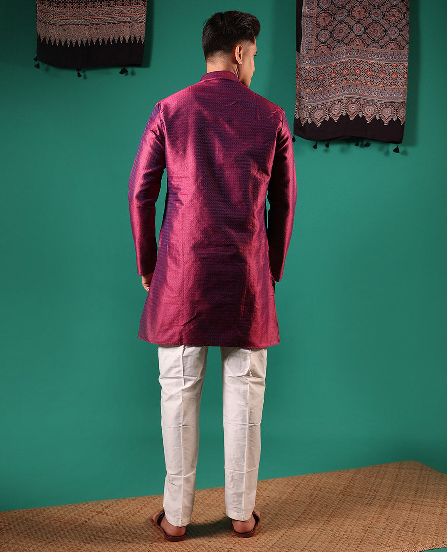 Glittering maroon unique patterns embossed full-sleeved men's kurta