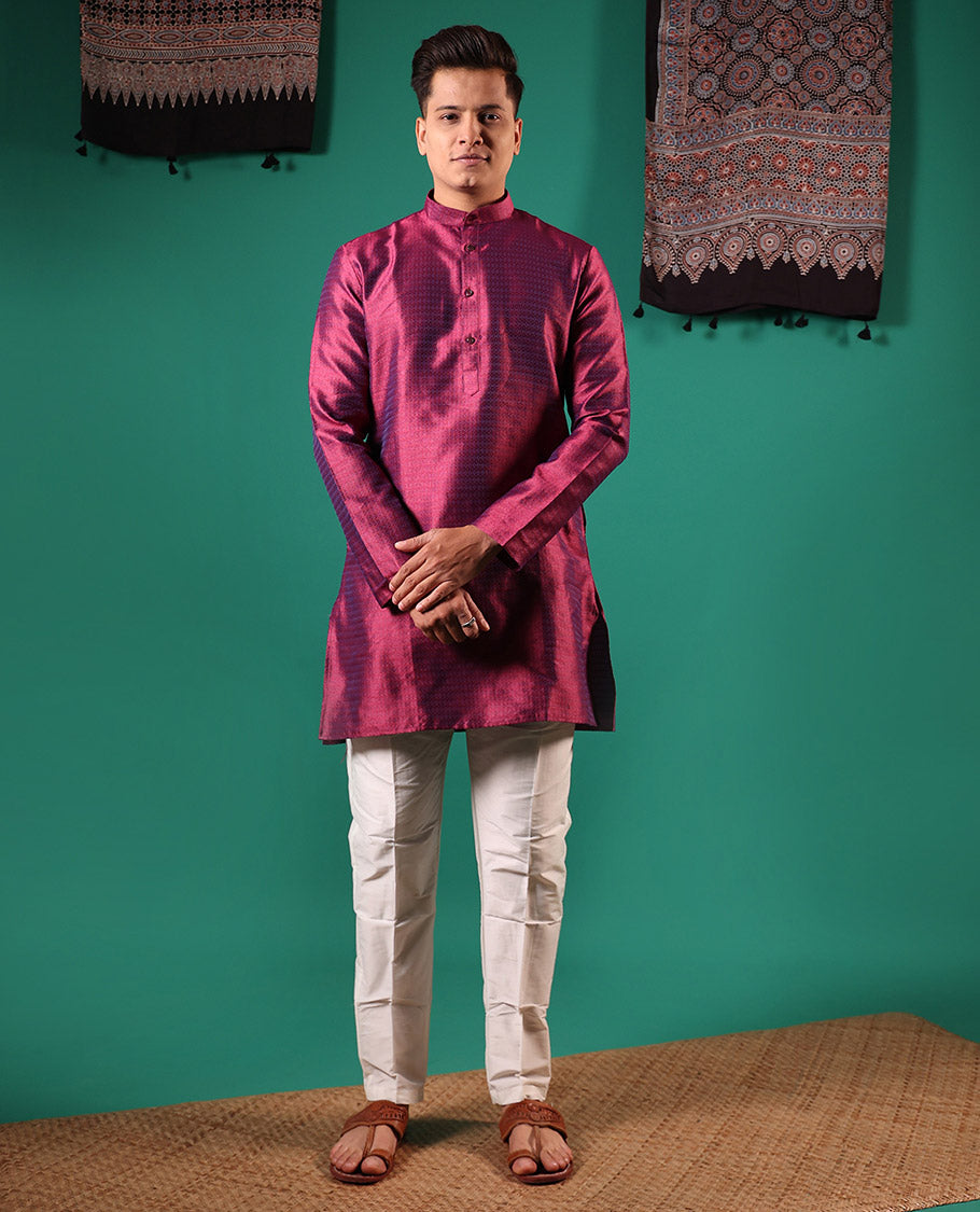 Glittering maroon unique patterns embossed full-sleeved men's kurta