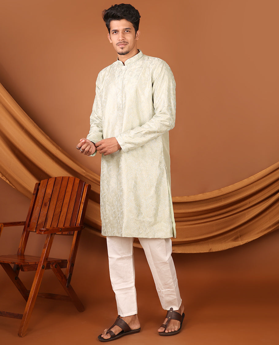 Green Paisley Designs Embossed Full-Sleeved Men's Kurta Set