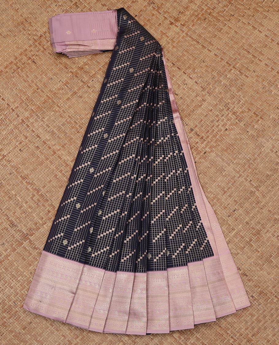 Black Litchi Saree, Richly Detailed with Zari Buttas and Checks, a Contrast Traditional Zari Border, Grand Pallu, and a Contrast Blouse