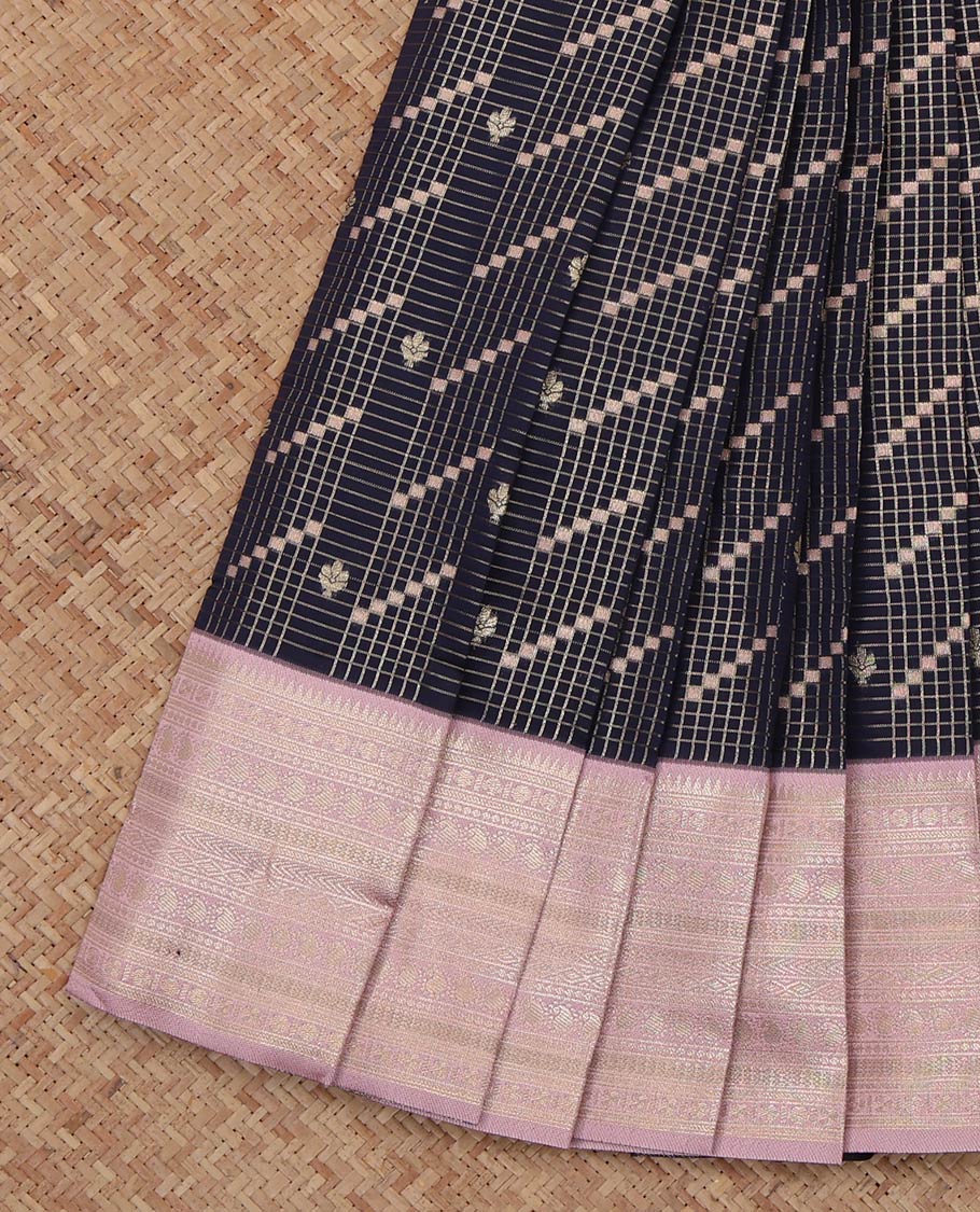 Black Litchi Saree, Richly Detailed with Zari Buttas and Checks, a Contrast Traditional Zari Border, Grand Pallu, and a Contrast Blouse