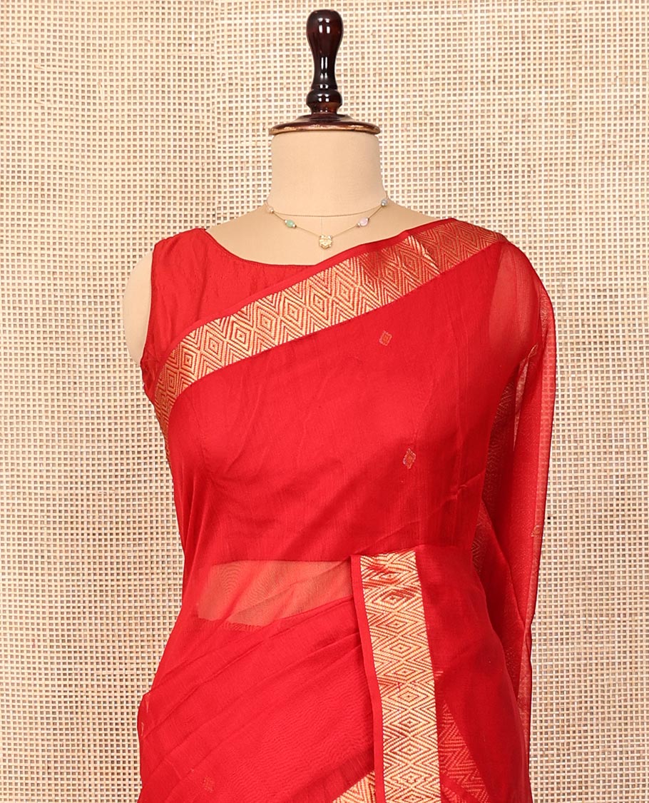 Red Maheshwari Cotton Saree, Elevated with Buttas on Its Body, Highlighted by Chevron Zari Design Border, Pallu of Zari Designs, and Paired with a Matching Blouse