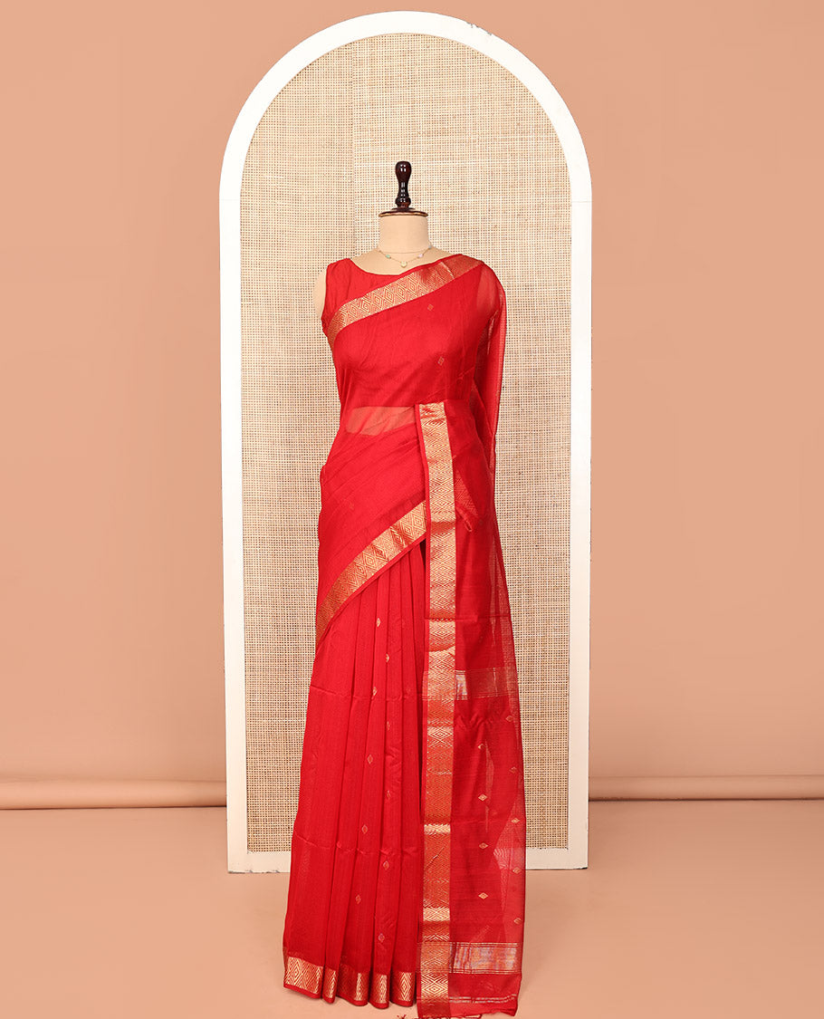 Red Maheshwari Cotton Saree, Elevated with Buttas on Its Body, Highlighted by Chevron Zari Design Border, Pallu of Zari Designs, and Paired with a Matching Blouse