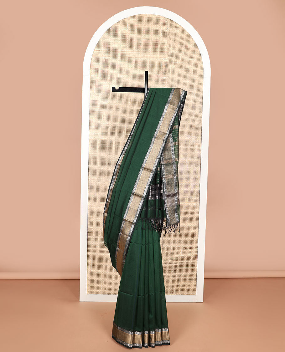 Green maheshwari cotton saree with contrast floral zari design border & striped pallu