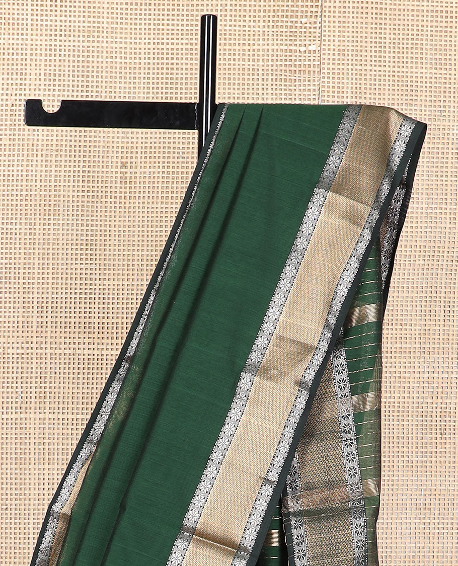 Green maheshwari cotton saree with contrast floral zari design border & striped pallu