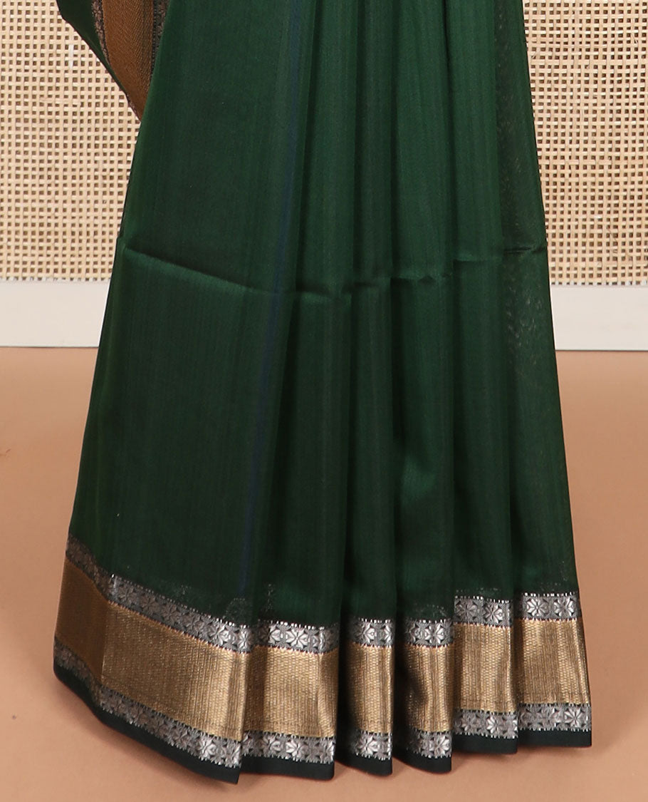 Green maheshwari cotton saree with contrast floral zari design border & striped pallu
