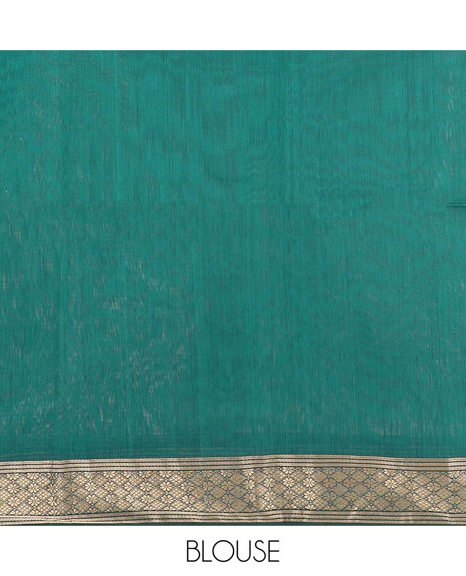 Green Maheshwari Cotton Saree Decorated with Diamond Zari Buttas, Highlighted with Traditional Zari Design Border, Pallu Steeped with Diamond Motifs, and Paired with a Matching Blouse