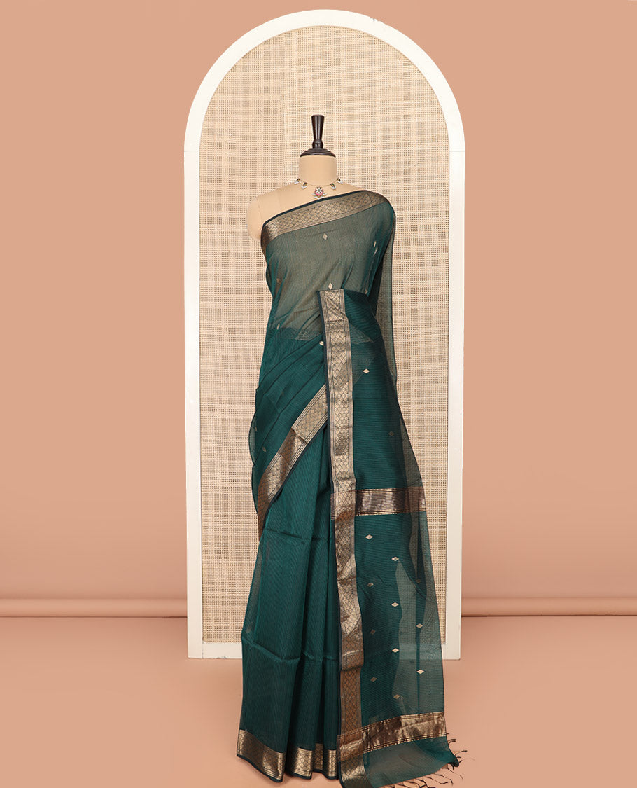 Green Maheshwari Cotton Saree Decorated with Diamond Zari Buttas, Highlighted with Traditional Zari Design Border, Pallu Steeped with Diamond Motifs, and Paired with a Matching Blouse