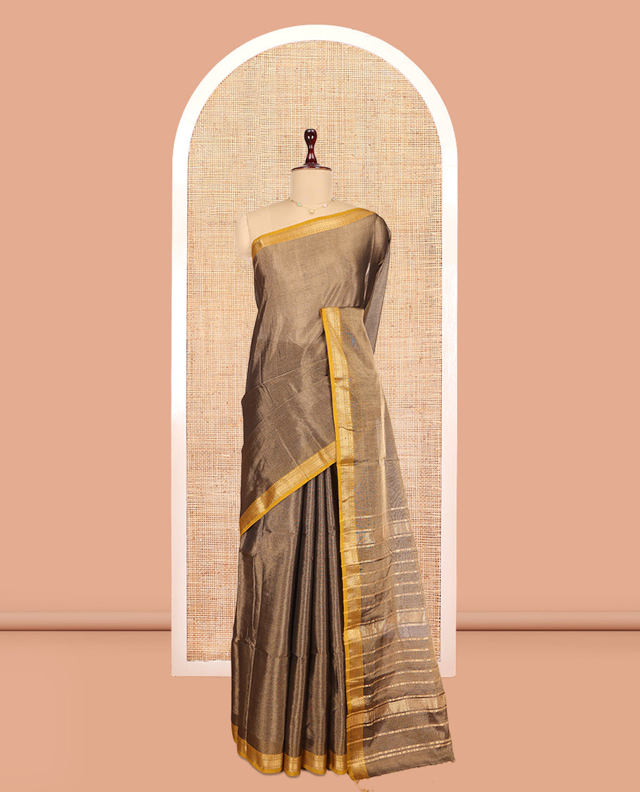 Brown Plain Maheshwari Cotton Saree, a Contrast Traditional Zari Border, Zari Striped Pallu, and a Matching Blouse