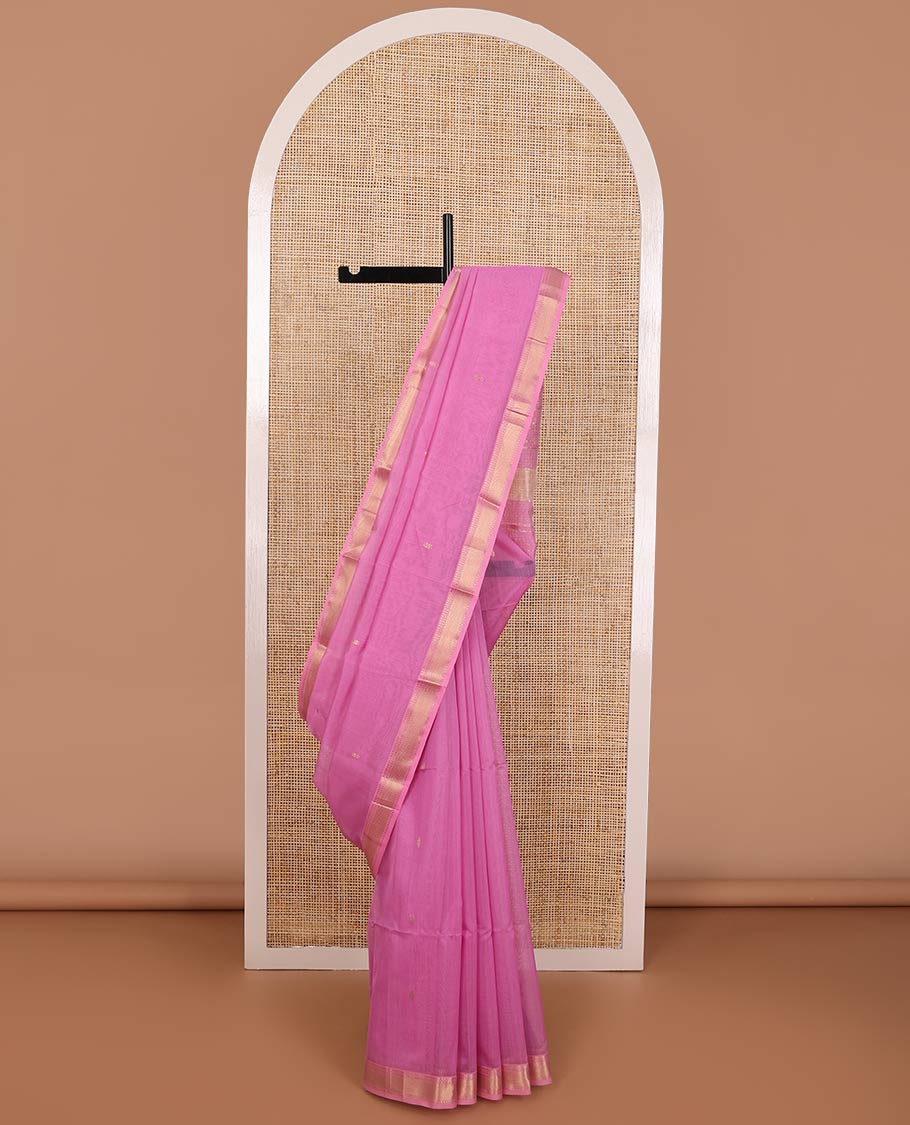 Light pink round motifs maheshwari cotton saree with self zari border & round motifs, striped pallu