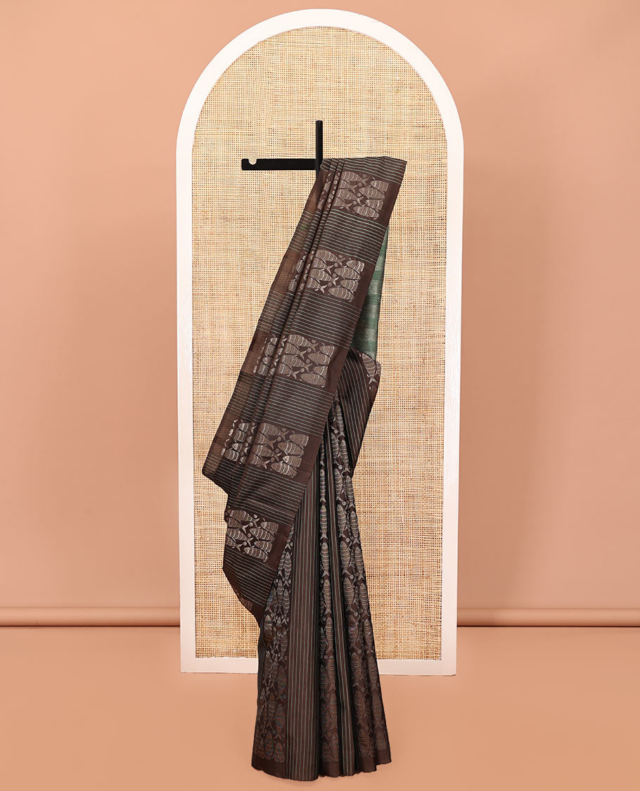 Borderless Brown Mayuri Soft Silk Saree, Ornamented with Stripes and Fish Buttas All Over Its Body, Complemented by a Contrast Geometric Design Pallu, and Paired with a Contrast Blouse