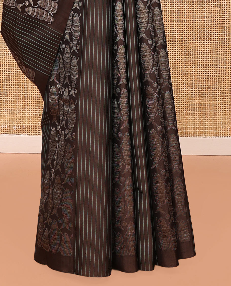 Borderless Brown Mayuri Soft Silk Saree, Ornamented with Stripes and Fish Buttas All Over Its Body, Complemented by a Contrast Geometric Design Pallu, and Paired with a Contrast Blouse