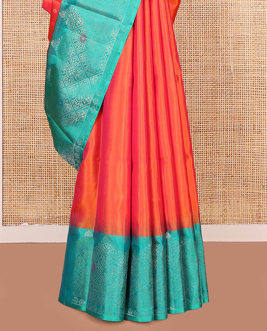 Orange Mayuri Soft Silk Saree, Elevated with Buttas All Over Its Body, Complemented by a Contrast Border of Jaal Designs, Grand Pallu of Jaal Designs, and Paired with a Contrast Blouse