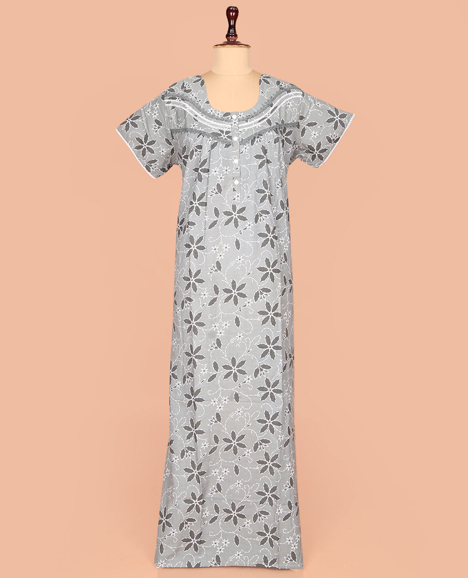 Grey Cotton Nighty Adorned with Floral Print, Featuring Lace Work, Round Front Neck, and Half Sleeves