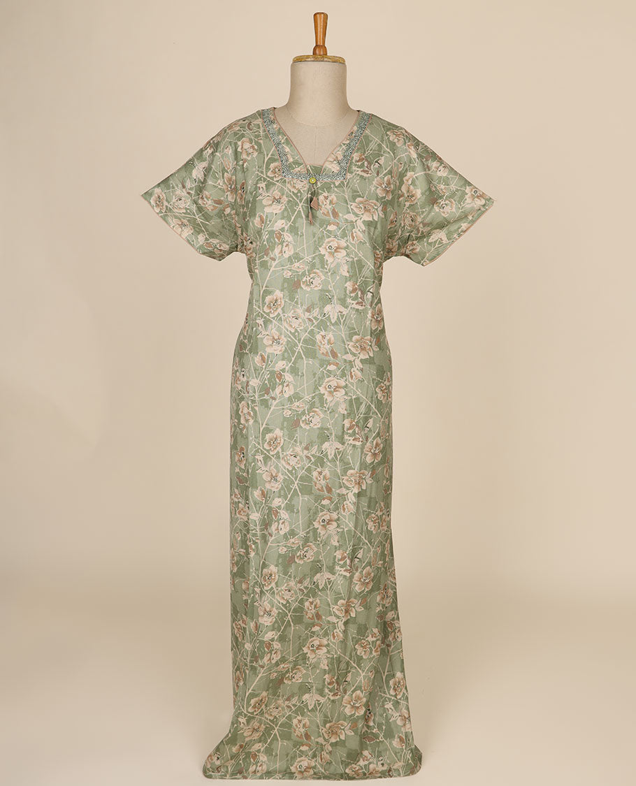Green floral printed & v neck with lace, cotton half-sleeve nighty