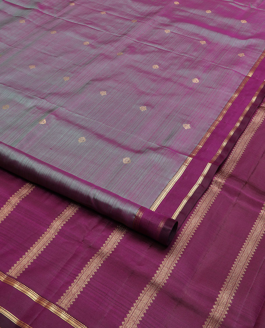 Light purple zari buttas nine-yard silk saree, contrast rettai pettu border of rekku and mayil kann, and zari design pallu