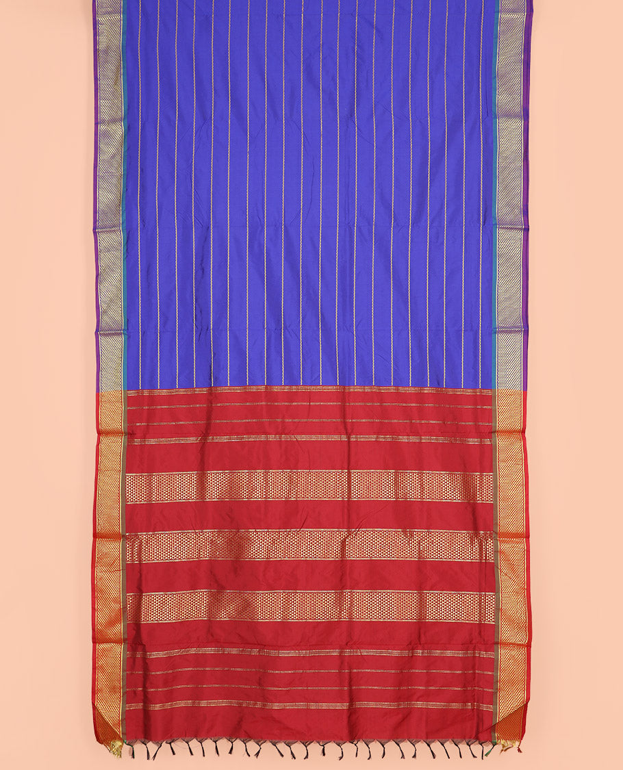 Royal Blue Ten-Yard Art Silk Saree Decked Up with Neli Stripes, Complemented by a Contrast Traditional Ara Maadam Border, and Pallu Elevated with Zari Designs