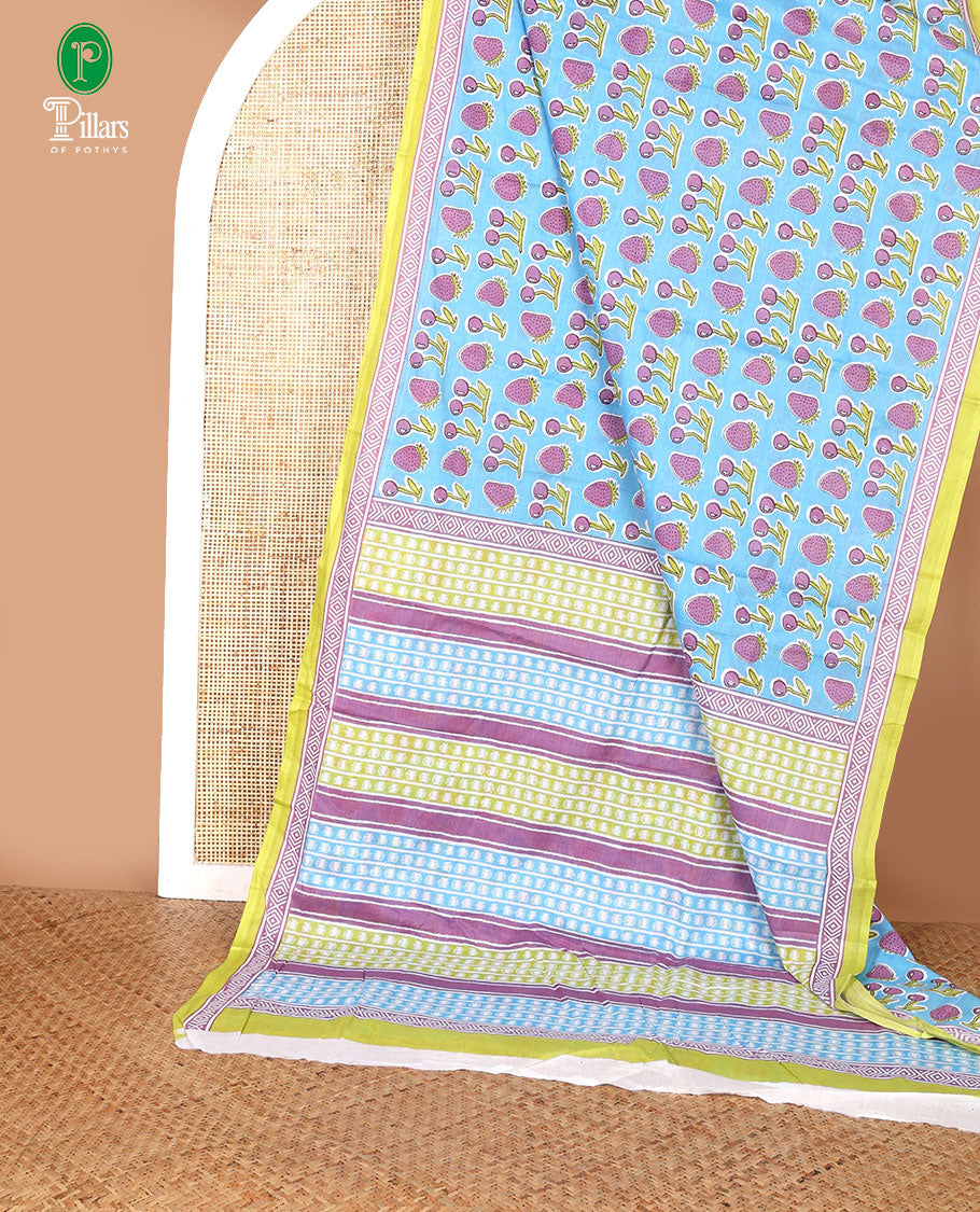 Blue with purple strawberry, cherry print mul mul cotton saree with contrast geometric printed border