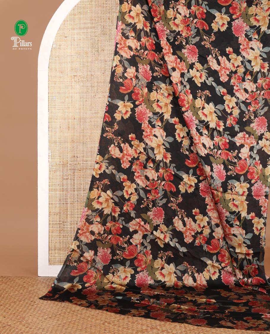 Borderless Black floral nara chiffon saree with self pallu along with plain blouse