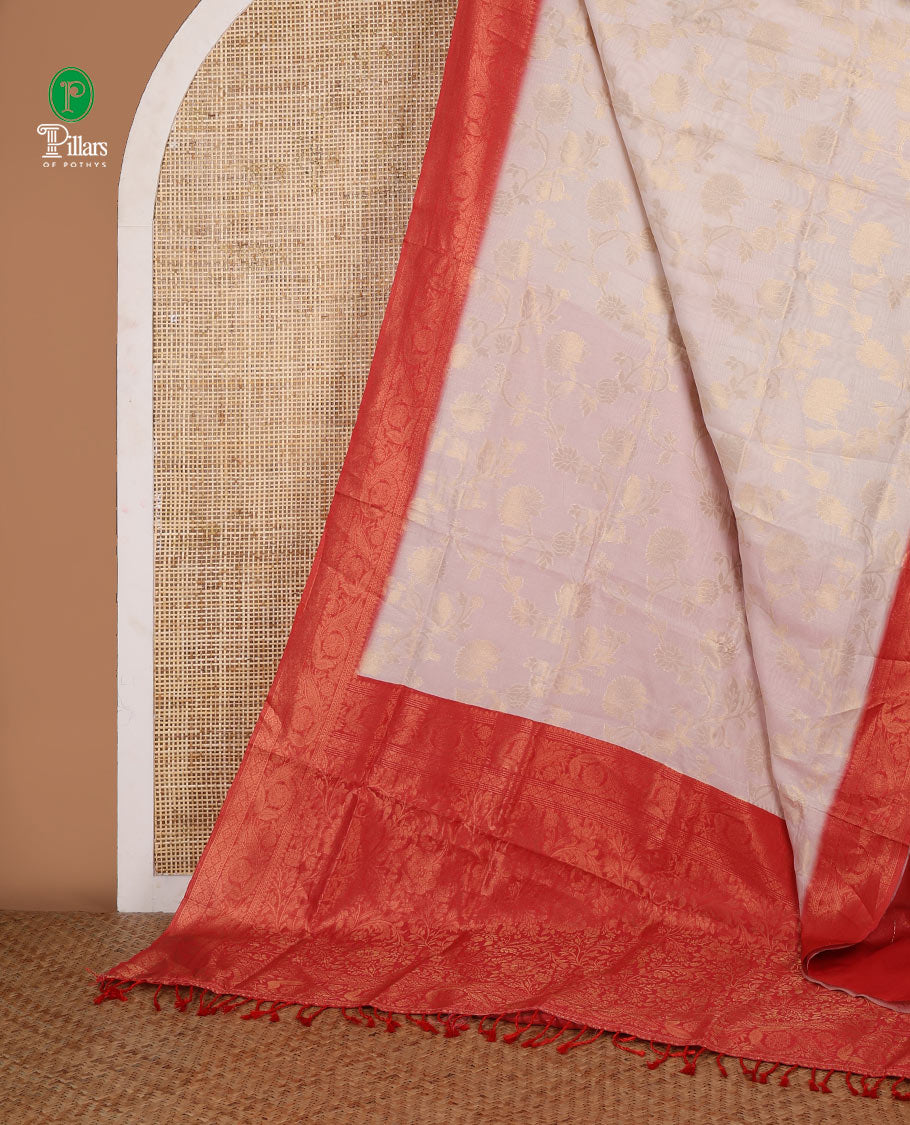 Cream with red zari jall weaving design banaras brasso saree with contrast jacquard border & weaving pallu along with butta design blouse