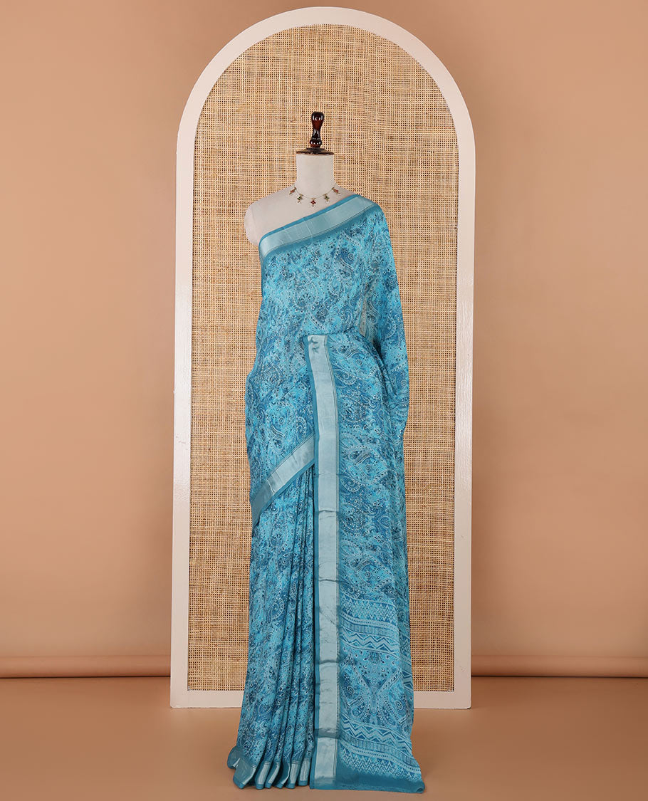 Blue mango design printed crepe viscose saree with bawanchi border & printed pallu along with negative printed blouse