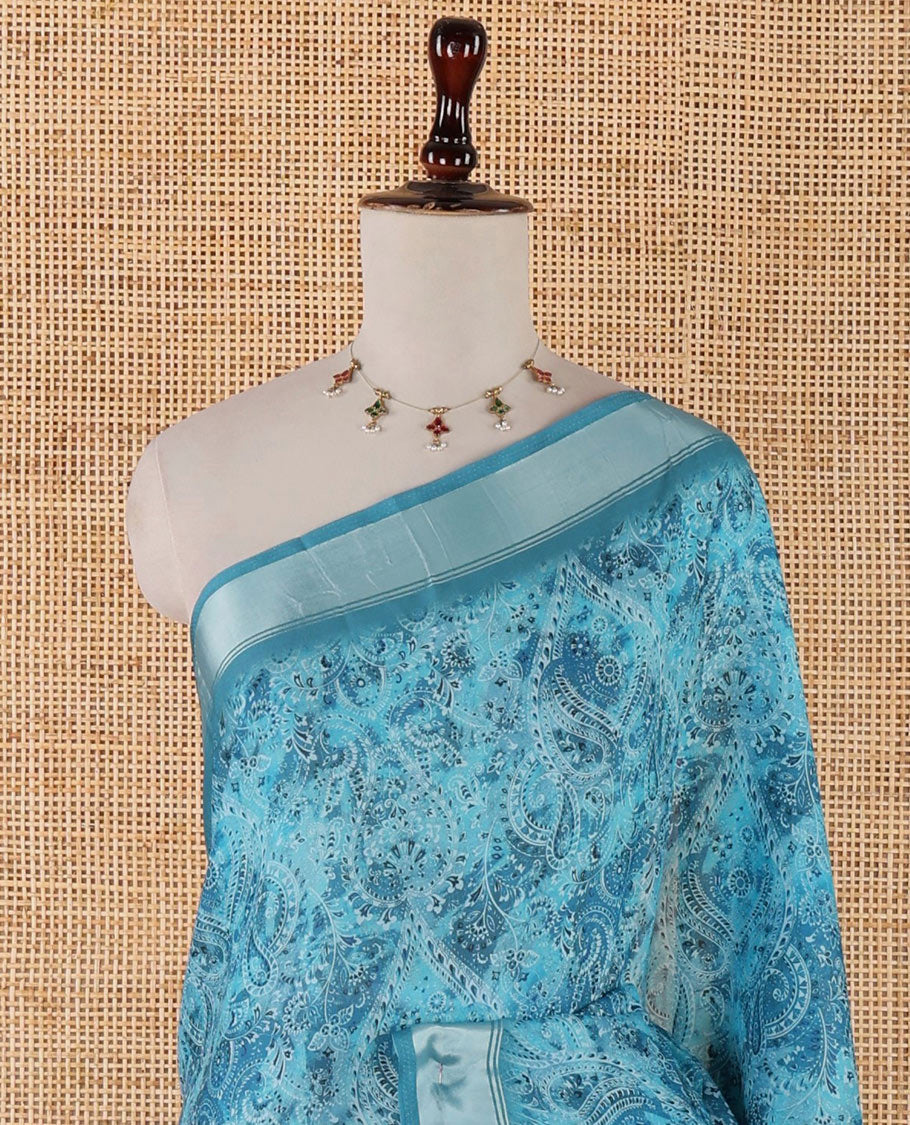 Blue mango design printed crepe viscose saree with bawanchi border & printed pallu along with negative printed blouse