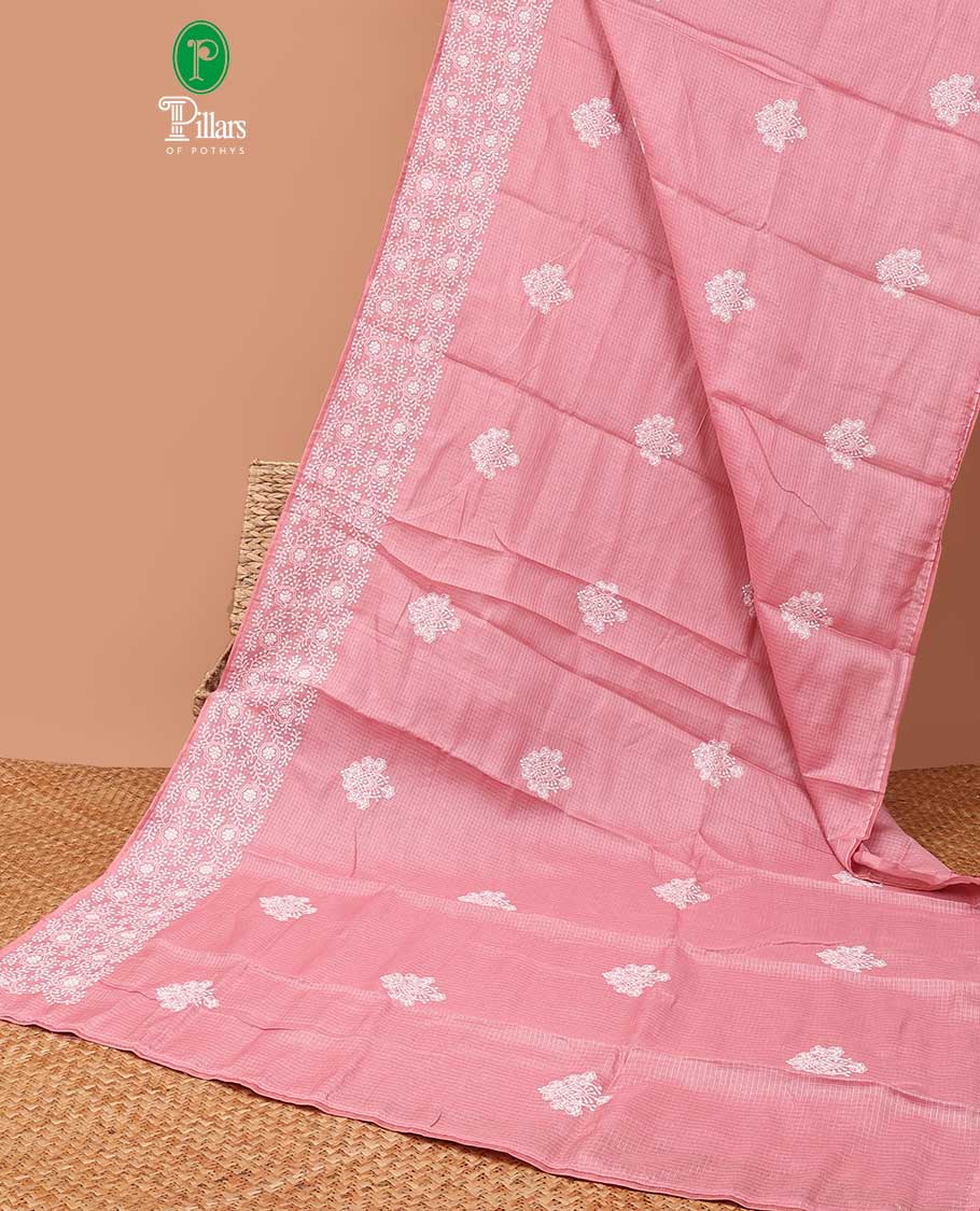 Dusty rose allover lucknowi chikankari design kotta checks saree with running blouse