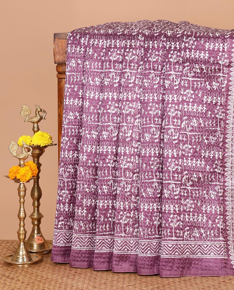 Lavender batik-style warli printed Litch crushed saree, batik chevron border, floral-geometric printed pallu & triangle motif blouse
