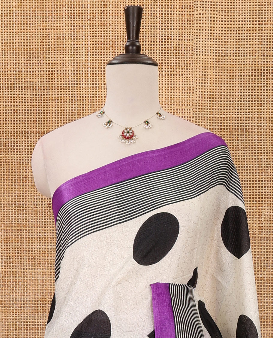 Cream polka dot printed khadi cotton saree, contrast piping border with stripes print, striped printed pallu & purple stripes printed blouse