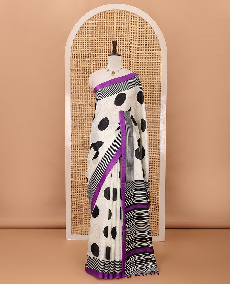 Cream polka dot printed khadi cotton saree, contrast piping border with stripes print, striped printed pallu & purple stripes printed blouse