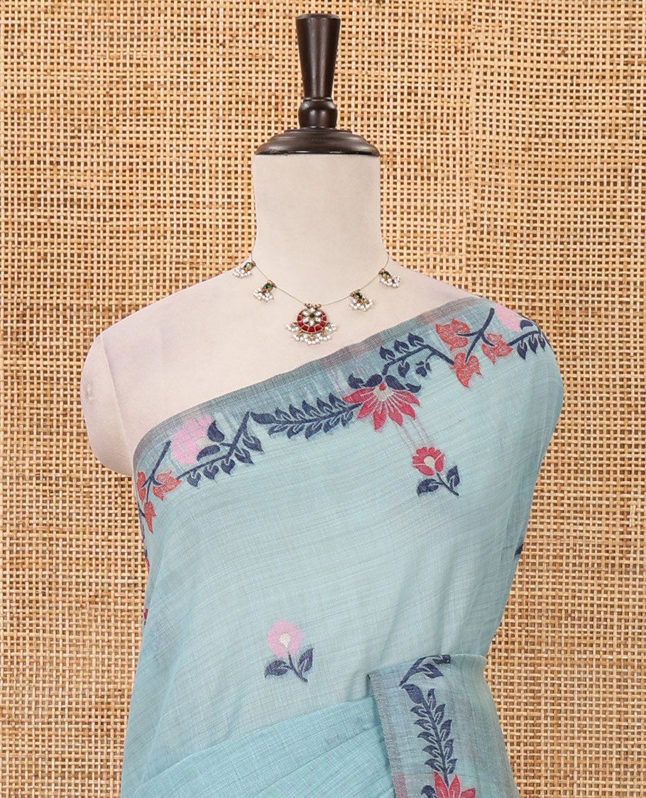 Blue meena buttas woven linen saree, jamdhani-style floral design woven border, floral design pallu & contrast zari butta blouse
