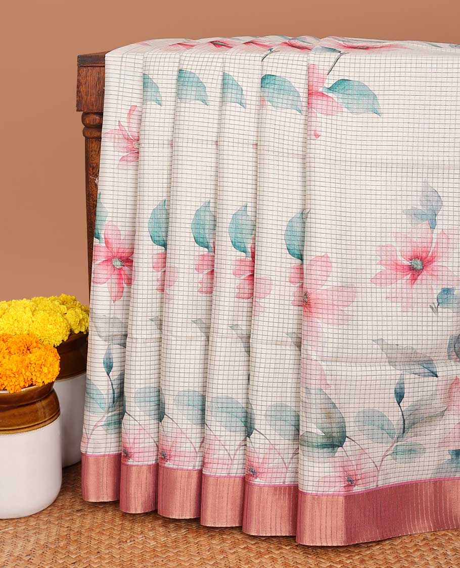 Pink zari checks semi tussar silk saree with digital floral print & short pallu along with digital small print design blouse