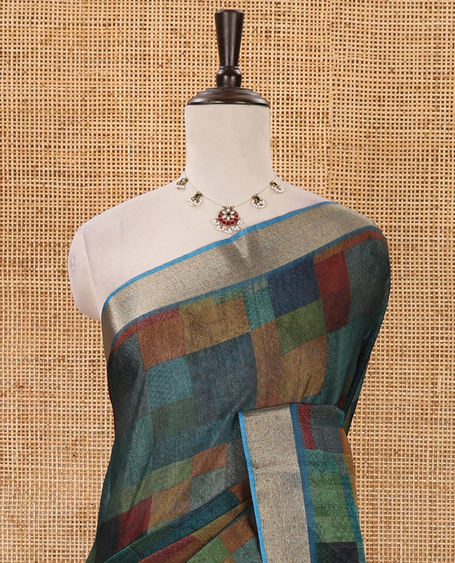 Peacock green-base multi-color abstract printed black spun linen saree, zari piping border, Madhubani printed pallu & printed blouse