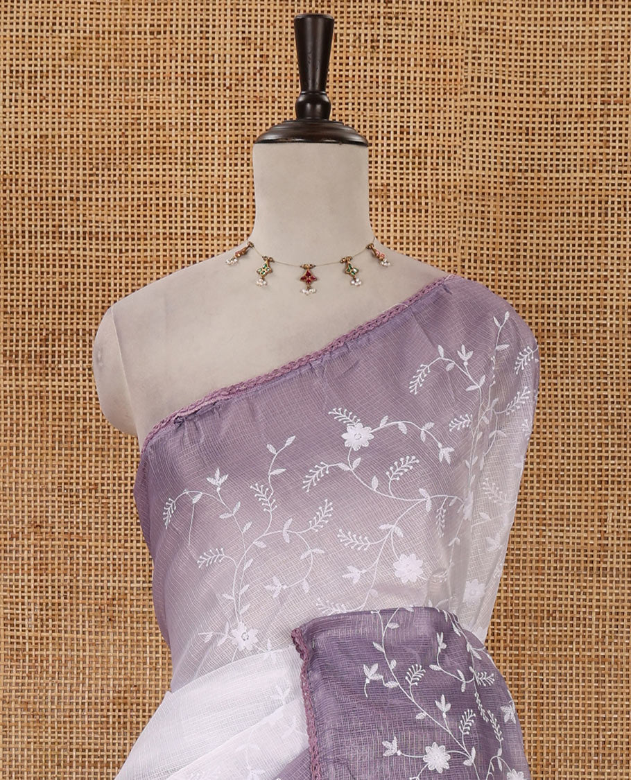 White-lavender color 2D-style print & floral vine chikankari embroidered kota check saree, lace border & plain blouse