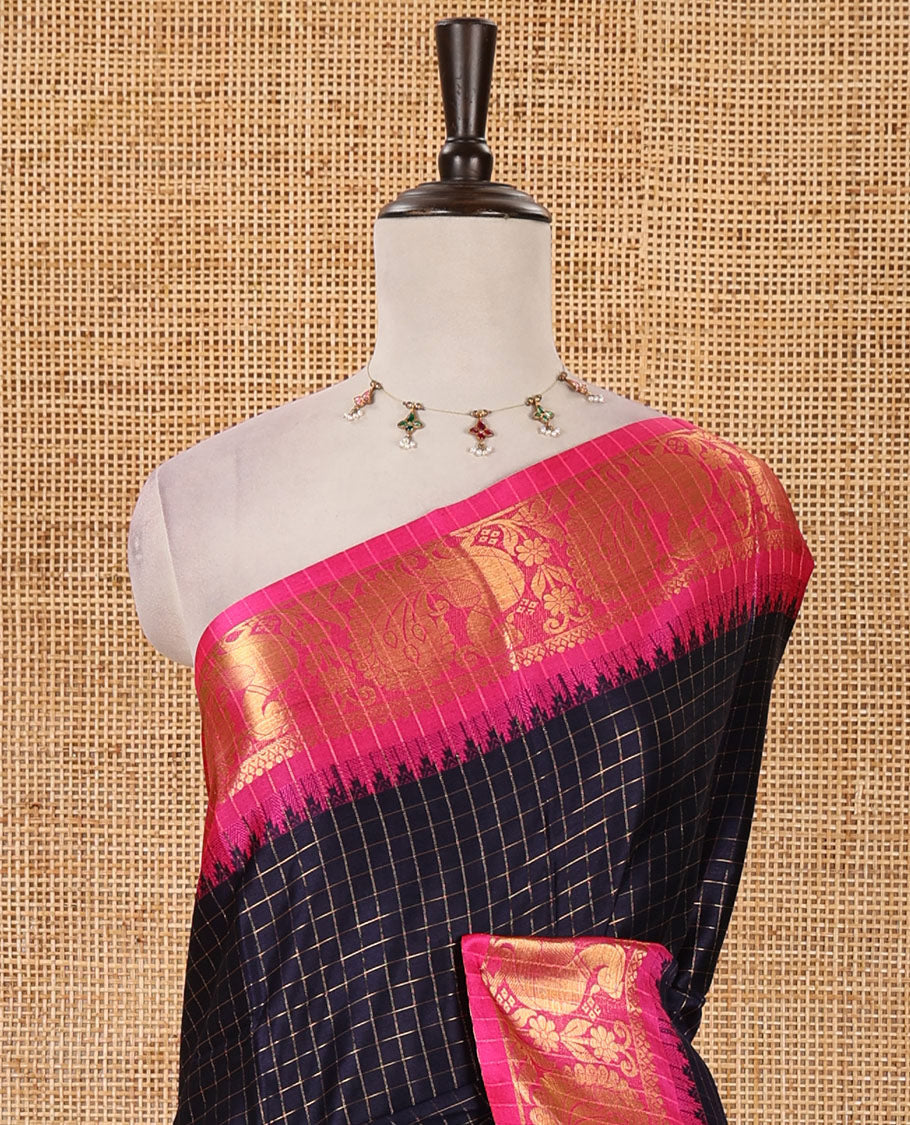 Navy blue zari checked semi-taffeta silk saree, contrast annam motifs zari woven temple border, striped pallu & contrast striped zari border blouse